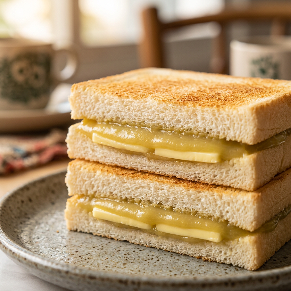 Close-up of kaya toast with pandan jam and butter